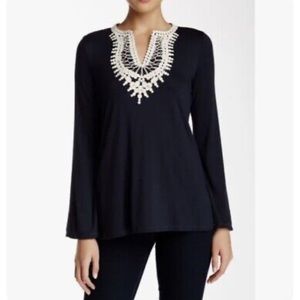 Max Studio black top with cream crochet details size Small new with tags